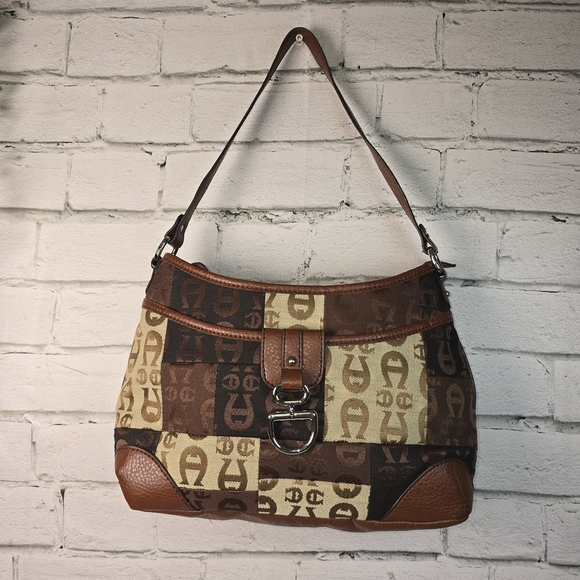Etienne Aigner Brown and Tan Monogram Shoulder Bag - Picture 1 of 12